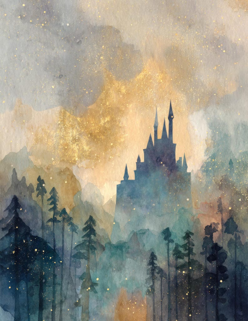 May include: Watercolor painting of a castle silhouette amidst a forest. The artwork features a color palette of blues, greens, and gold, with a dreamy, ethereal quality. The castle is the focal point, set against a backdrop of layered trees and a misty sky.