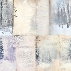 May include: A digital collage featuring four distinct panels of winter forest landscapes and aged, cream-colored paper textures. The imagery includes snow-covered trees, dense pine forests, and faint, handwritten cursive script layered over the paper.