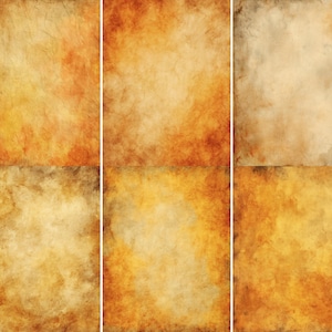 May include: A collection of six textured paper backgrounds. The papers have a vintage aesthetic with a blend of warm colors, including shades of brown, orange, and yellow. The edges of the papers are darker, creating a distressed look.