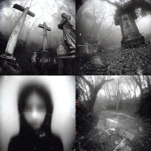 May include: A grayscale image of a cemetery with crosses, statues, and tombstones shrouded in fog. The scene evokes a sense of mystery and the passage of time, with a blurred portrait in the lower left corner.