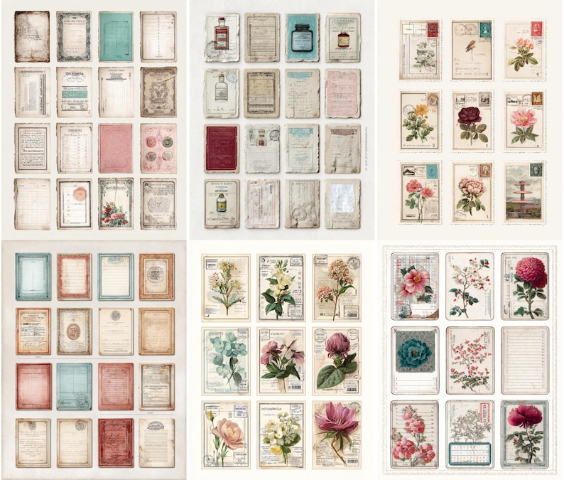 May include: A selection of vintage ephemera featuring aged paper, botanical prints, and postage stamps. The colour scheme includes soft pastels, sepia tones, and accents of red and blue. The items are arranged in a grid, ideal for scrapbooking or craft projects.