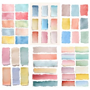 Puede incluir: Una colección de rectángulos de papel de acuarela con bordes rasgados en varios colores pastel. Los rectángulos están dispuestos en una cuadrícula, mostrando tonos de azul, rosa, amarillo y melocotón. El papel tiene un aspecto texturizado.