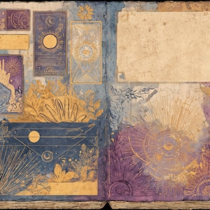 May include: Open journal with celestial and mystical illustrations. The left page features tarot card designs with sun, moon, and hand motifs in gold and purple. The right page has a blank space for notes, with sunburst and eye designs.