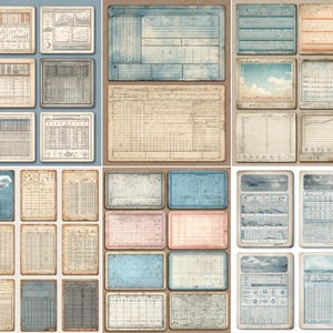 Könnte beinhalten: Eine Sammlung von Papier-Ephemera-Karten im Vintage-Stil. Die Karten zeigen gealterte Texturen, Diagramme, Grafiken und Wetterillustrationen in verschiedenen Farben, darunter Blau, Beige und Rosa. Die Karten sind rechteckig mit abgerundeten Ecken.