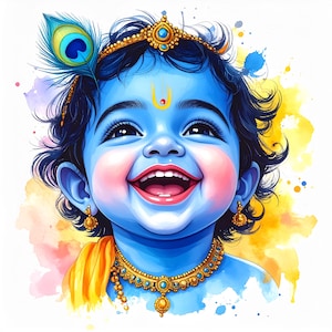 May include: A smiling, blue-skinned child with dark curly hair, adorned with a gold crown, earrings, and necklace. A peacock feather is placed in the hair. The background features watercolor washes of yellow, pink, and orange.