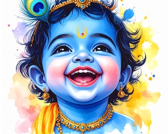 Lot d'art aquarelle Baby Krishna, jolies peintures de Gopal, décoration murale spirituelle hindoue, téléchargement numérique, cadeau Janmashtami, pack imprimable