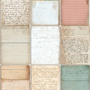 Op de afbeelding: Een collage van vintage papieren ephemera, waaronder handgeschreven brieven, gelijnd notitiepapier en ansichtkaarten. De papieren hebben verouderde texturen, met zichtbare kreukels, scheuren en vervaagde inkt, wat een nostalgische esthetiek cre&euml;ert. Het kleurenpalet is voornamelijk sepia.