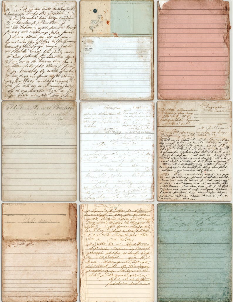Op de afbeelding: Een collage van vintage papieren ephemera, waaronder handgeschreven brieven, gelijnd notitiepapier en ansichtkaarten. De papieren hebben verouderde texturen, met zichtbare kreukels, scheuren en vervaagde inkt, wat een nostalgische esthetiek cre&euml;ert. Het kleurenpalet is voornamelijk sepia.