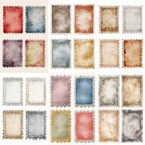 Könnte beinhalten: Eine Sammlung von vierundzwanzig Briefmarken im Vintage-Stil in verschiedenen Farben, darunter Rot, Blau, Braun und Beige. Jede Briefmarke hat eine rechteckige Form mit einem dekorativen Rand und einem strukturierten, gealterten Aussehen, geeignet für Scrapbooking oder Bastelarbeiten.