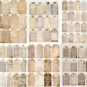 May include: A collection of vintage-style paper tags with a distressed, aged appearance. The tags vary in size and shape, some with lined paper, others with handwritten text, and some are blank. They are tied with twine and have a sepia-toned color.