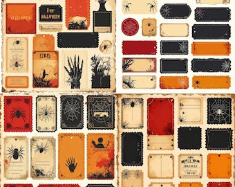 May include: A collection of vintage-style Halloween-themed tags and labels. The designs feature spiders, spiderwebs, and spooky imagery in orange, black, and red. Some tags include text like "Halloween" and "Eerie". The overall aesthetic is aged and distressed.