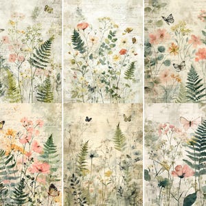 May include: A collage of six panels featuring a watercolor illustration of wildflowers, ferns, and butterflies. The color palette includes soft pinks, yellows, and greens against a textured, aged background with faint script. The overall theme is botanical and vintage.