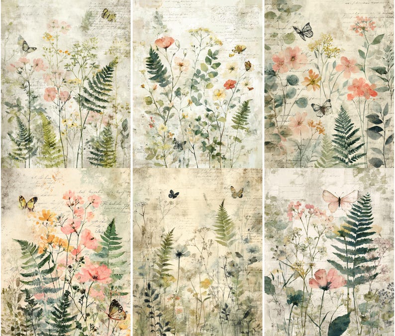 May include: A collage of six panels featuring a watercolor illustration of wildflowers, ferns, and butterflies. The color palette includes soft pinks, yellows, and greens against a textured, aged background with faint script. The overall theme is botanical and vintage.