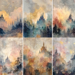 May include: Six watercolor paintings of fantasy landscapes. Each features a castle silhouette atop a hill, surrounded by trees and colorful clouds. The color palette includes blues, oranges, and golds, with a textured, dreamy effect.