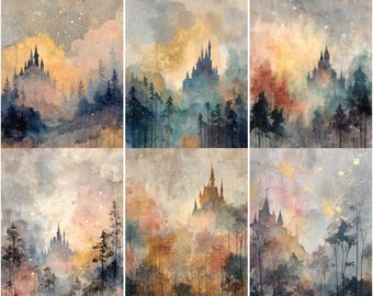 Sprookjesachtige ongewenste dagboekpagina's, afdrukbaar betoverd kasteel, dromerig aquarelpapier, achtergrond magisch bos, fantasie plakboekkit