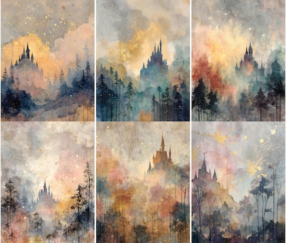 Fairytale Junk Journal Pages, Enchanted Castle Printable, Dreamy Watercolor Paper, Magical Forest Backgrounds, Fantasy Scrapbook Kit