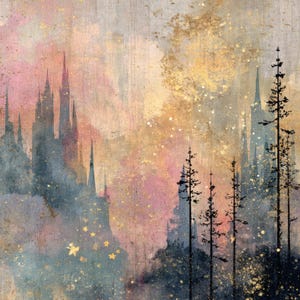 May include: Watercolor painting of a fantasy landscape with a castle silhouette, tall trees, and a dreamy color palette of pink, gold, and blue. The artwork has a textured, ethereal quality with sparkling accents.