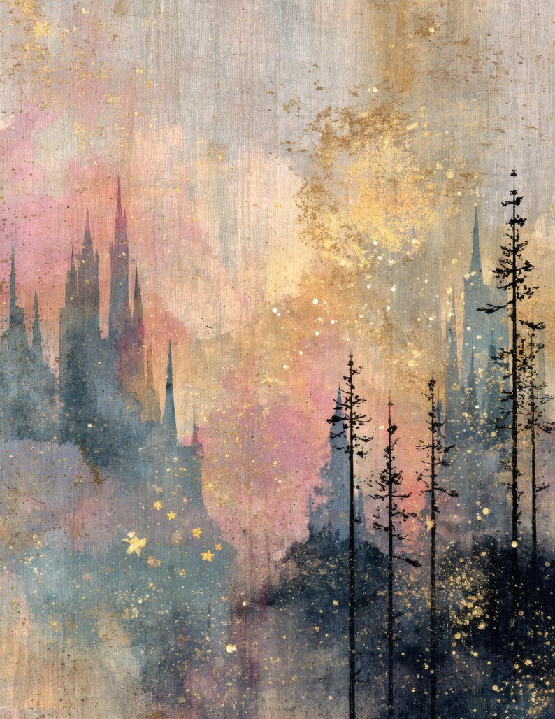 May include: Watercolor painting of a fantasy landscape with a castle silhouette, tall trees, and a dreamy color palette of pink, gold, and blue. The artwork has a textured, ethereal quality with sparkling accents.