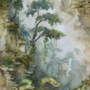 May include: An artistic illustration of a fantasy landscape featuring a green dragon nestled among ancient ruins and lush greenery. The artwork has a watercolor style with soft colors and a mystical atmosphere.