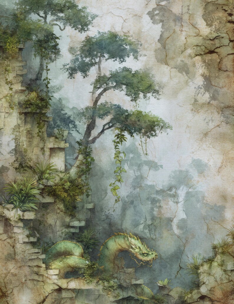 May include: An artistic illustration of a fantasy landscape featuring a green dragon nestled among ancient ruins and lush greenery. The artwork has a watercolor style with soft colors and a mystical atmosphere.
