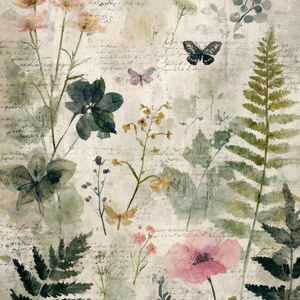 May include: Watercolor painting of a botanical scene with flowers, ferns, and butterflies. The artwork features pink, yellow, and green flora against a textured, off-white background with handwritten script. The overall aesthetic is vintage and delicate.