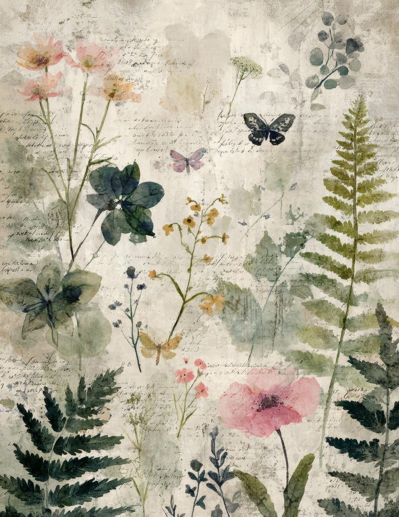 May include: Watercolor painting of a botanical scene with flowers, ferns, and butterflies. The artwork features pink, yellow, and green flora against a textured, off-white background with handwritten script. The overall aesthetic is vintage and delicate.