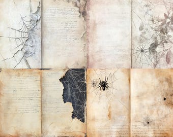 Puede incluir: Una colección de ocho hojas de papel digital con texturas de pergamino envejecido, escritura cursiva a mano, bordes desgastados, ilustraciones de telarañas, manchas de tinta oscura y un gráfico de una araña de color negro.
