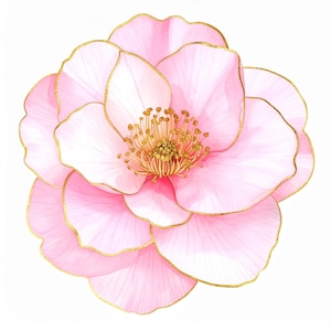 12 Pink Camellia Clipart Gold Foil Flower Art Elegant Botanical Bloom Wedding Invitation Design Sublimation Vintage Floral Printable
