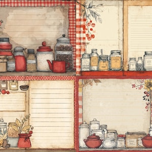 May include: Watercolor illustration of a kitchen scene with shelves filled with jars, canisters, and a teapot. The jars contain various ingredients, and the background features a red and white checkered pattern. The overall theme is rustic and vintage.