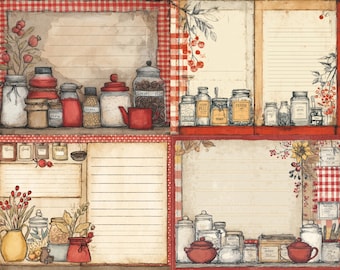 Könnte beinhalten: Aquarellillustration einer Küchenszene mit Regalen voller Gläser, Dosen und einer Teekanne. Die Gläser enthalten verschiedene Zutaten, vor einem rot-weiß karierten Hintergrund. Das Gesamtthema ist rustikal und vintage.