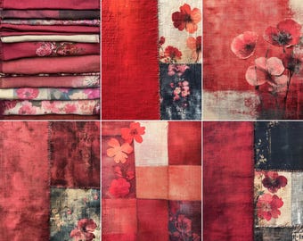 52 Red Textile Pages, Fabric Junk Journal Pages, Grunge Scrapbook Paper Pack, Floral Junk Journal Kit, Digital Download