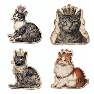 May include: A set of four die-cut wooden wall decorations featuring illustrations of cats wearing ornate crowns and jewelry. The cats are depicted in various poses, including sitting and lying down, with detailed vintage-style artistic textures.
