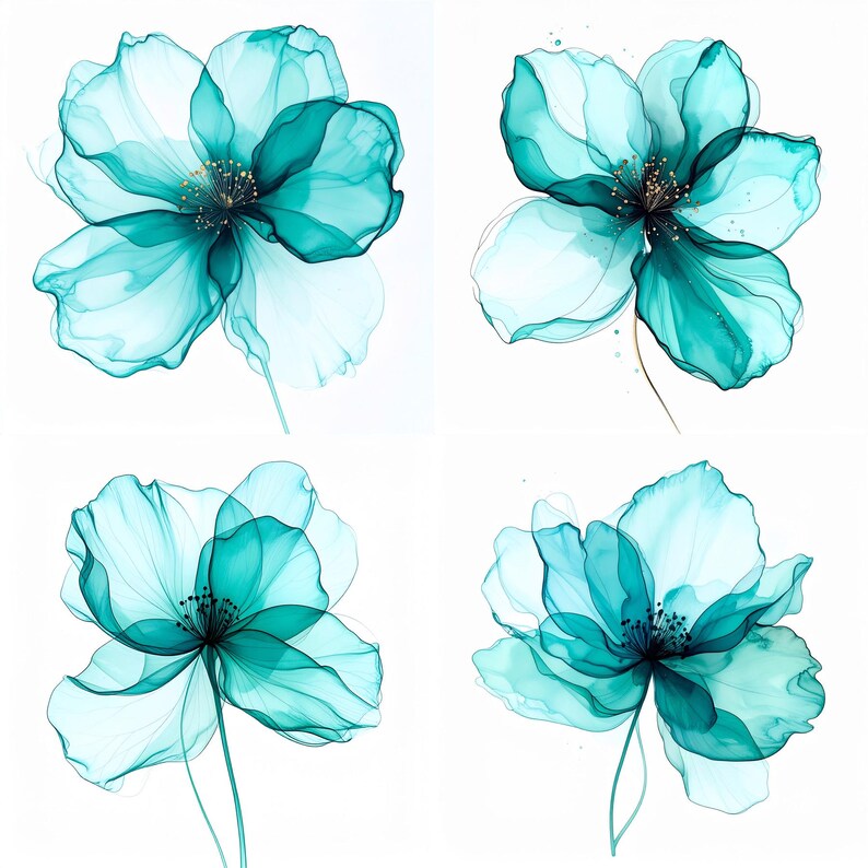 Abstract Teal Flower Watercolor Wall Art Set Modern Floral Prints for ...