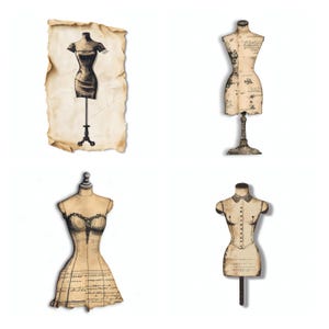 Può includere: Una collezione di quattro manichini da sartoria in vari stili. Uno è stampato su uno sfondo di carta ruvida, mentre gli altri presentano texture in tessuto beige con illustrazioni a inchiostro nero di cartamodelli e dettagli.
