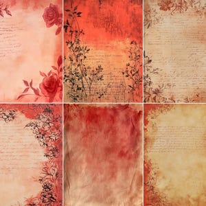 May include: A collage of six vintage-style papers with a distressed, aged appearance. The papers feature floral and botanical designs, including roses and delicate plant silhouettes, in shades of red, pink, and brown. Some papers have handwritten script.