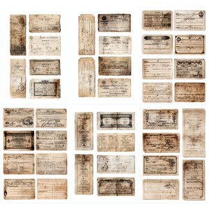 Peut inclure: Une collection d'éphémères vintage, comprenant des reçus, factures et documents anciens. Les papiers ont un aspect vieilli et antique avec de l'encre délavée et des pages jaunies. L'assortiment comprend différentes tailles et formes, parfait pour le scrapbooking ou l'artisanat.