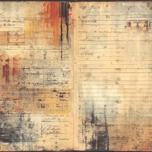 May include: An open book with aged, textured pages. The pages display faded ink, handwritten notes, and abstract paint splatters in red, black, and yellow. The overall aesthetic is reminiscent of a worn journal or historical document.