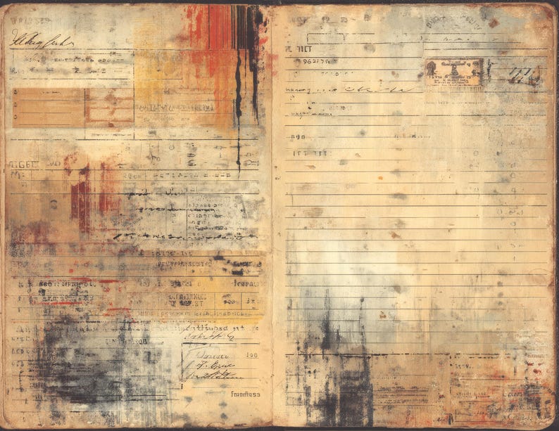 May include: An open book with aged, textured pages. The pages display faded ink, handwritten notes, and abstract paint splatters in red, black, and yellow. The overall aesthetic is reminiscent of a worn journal or historical document.