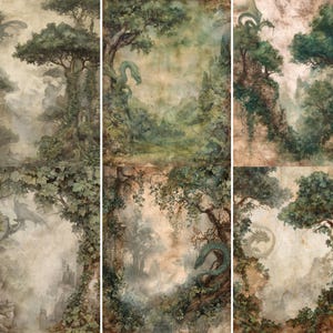 May include: A set of six fantasy landscape panels featuring dragons, trees, and castles. The artwork has a vintage, painterly style with muted greens, browns, and beige tones. Dragons are depicted in flight and perched on trees.