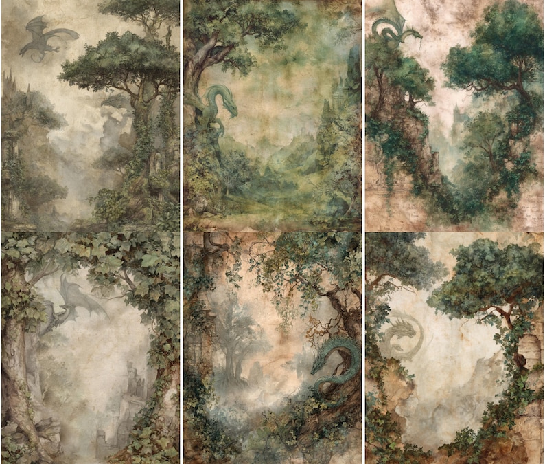 May include: A set of six fantasy landscape panels featuring dragons, trees, and castles. The artwork has a vintage, painterly style with muted greens, browns, and beige tones. Dragons are depicted in flight and perched on trees.