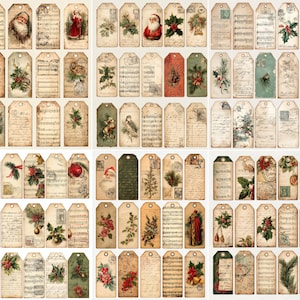 Könnte beinhalten: Eine Sammlung von Weihnachtsgeschenkanhängern im Vintage-Stil. Die Anhänger zeigen Illustrationen von Weihnachtsmann, Stechpalme, Noten, Vögeln und anderen festlichen Elementen. Die Anhänger sind in verschiedenen Farben gehalten, darunter Beige, Grün und Rot.