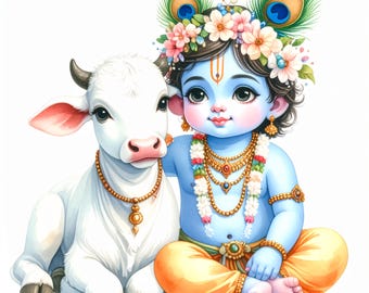 Art mural de bébé Krishna avec de jolies peintures de Gopal, décoration hindoue pour chambre de bébé, Bal Gopal, oeuvre de dieu pour bébé, affiche spirituelle pour chambre d'enfants, temple