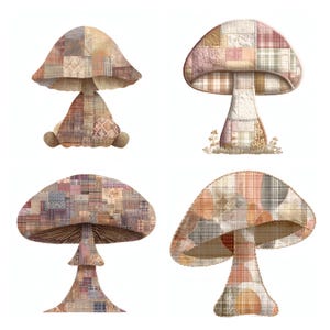 May include: Four distinct mushroom illustrations featuring a patchwork design. Each mushroom is composed of various fabric-like squares in muted tones of beige, brown, pink, and grey, showcasing intricate textures and patterns across their caps and stems.