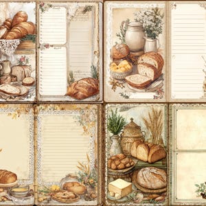May include: A vintage-style collage featuring illustrations of various breads, including baguettes, loaves, and rolls, alongside recipe pages and floral accents. The color palette is warm, with tones of beige, brown, and cream, evoking a rustic, homey feel.