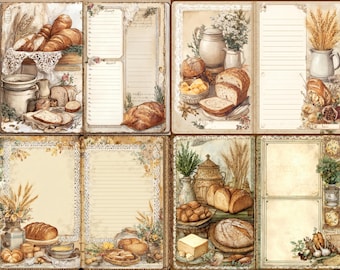 May include: A collage of illustrations depicting different types of bread, such as baguettes and loaves, with recipe pages and floral decorations. The colour scheme is warm, with beige, brown, and cream tones, creating a rustic and homely atmosphere.