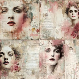 Puede incluir: Un collage de cuatro paneles con retratos vintage de mujeres. Superpuesto con texto descolorido y lavados de acuarela en rosa, beige y crema. Cada mujer tiene cabello oscuro y l&aacute;piz labial rojo, evocando un estilo cl&aacute;sico.