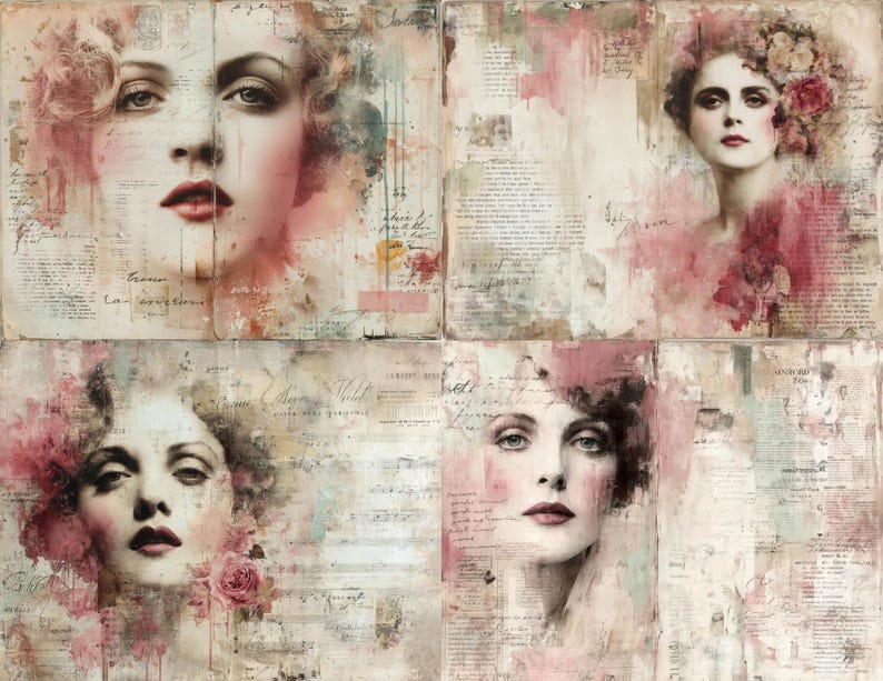 Puede incluir: Un collage de cuatro paneles con retratos vintage de mujeres. Superpuesto con texto descolorido y lavados de acuarela en rosa, beige y crema. Cada mujer tiene cabello oscuro y l&aacute;piz labial rojo, evocando un estilo cl&aacute;sico.