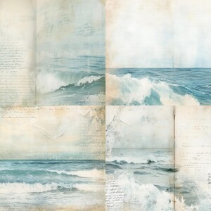 May include: A digital collage featuring four distinct panels of ocean waves crashing against the shore, layered with faded, handwritten cursive script on a textured, aged paper background in shades of blue, white, cream, and light brown.