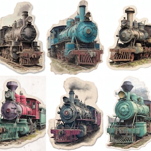 May include: Set of six vintage train stickers in various colors, including blue, red, and green. Each sticker depicts a detailed illustration of a steam locomotive on a track, with a distressed paper effect.