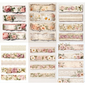 May include: A collection of decorative paper strips with torn edges, featuring floral and lace designs. The strips showcase roses, daisies, and other flowers in shades of pink, cream, and beige. Some strips have a lace trim.
